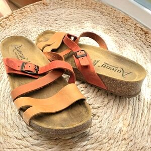 Autenti Womens 9 Leather Cork Strappy Sandals Slip On Buckle Tri Color Tan Boho